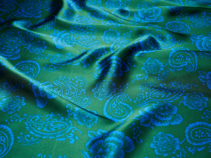 Green and blue paisley  - charmeuse satin fabric by the yard - MonSar exclusive