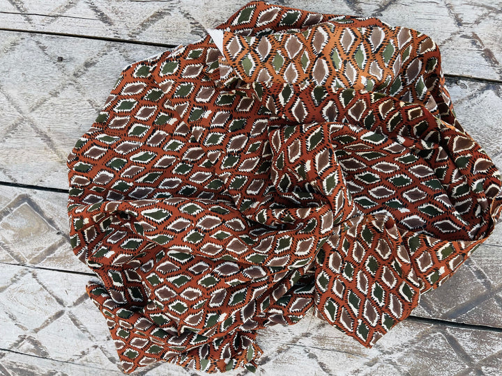 Crepe de Chine fabric by the yard - Rusty orange green brown diamond print