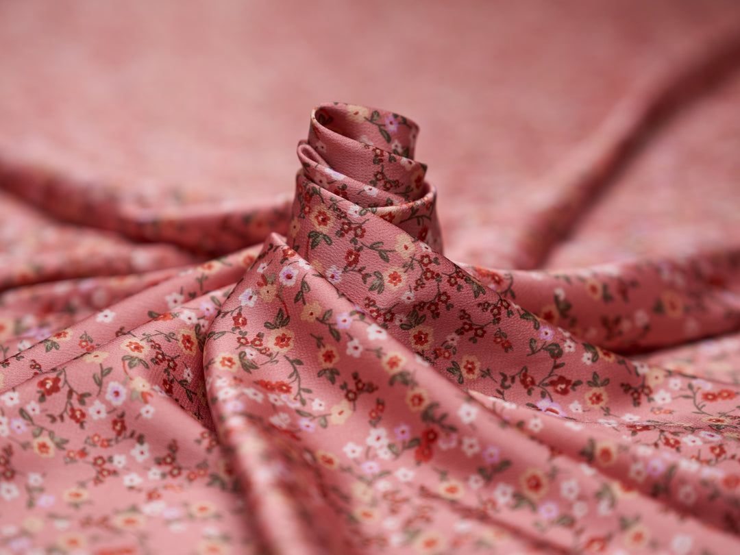 Lightweight  satin  dobby fabric by the yard - Dusty pink with red and yellow   dainty floral pattern