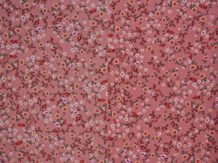 Lightweight  satin  dobby fabric by the yard - Dusty pink with red and yellow   dainty floral pattern