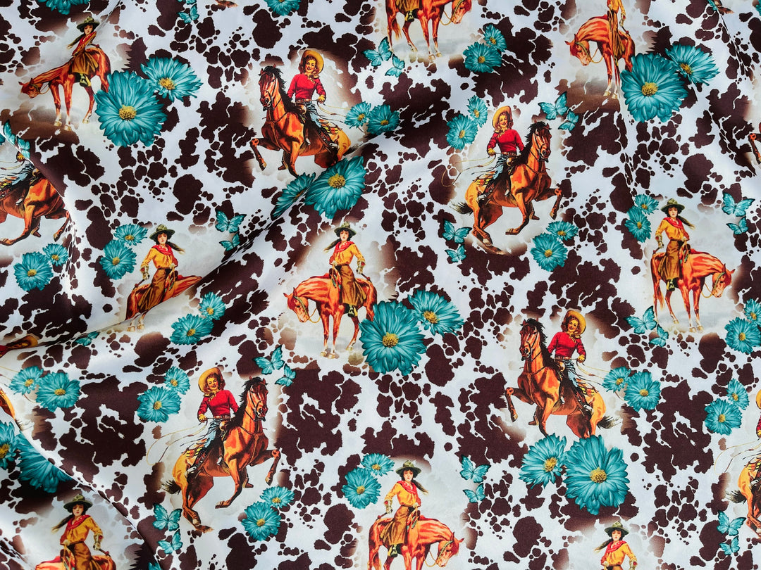 Charmeuse Satin sublimation  fabric by the yard -  Vintage Cowgirls -  western  animal  print