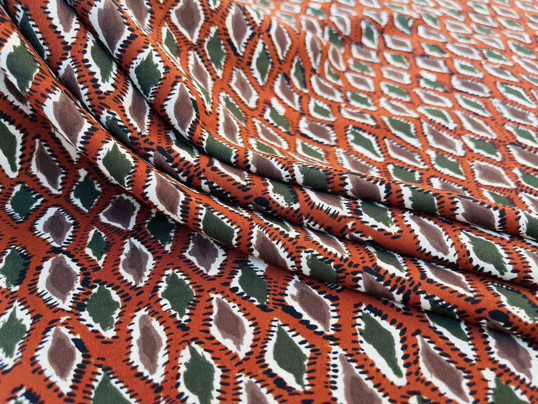 Crepe de Chine fabric by the yard - Rusty orange green brown diamond print