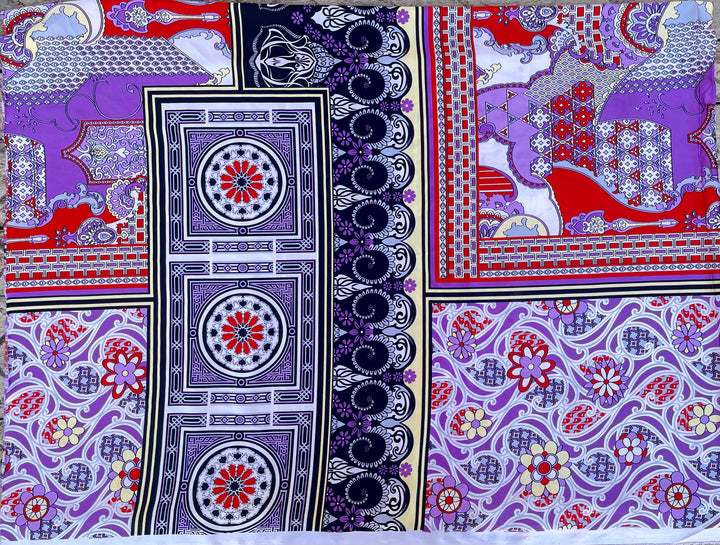 Faux silk charmeuse satin fabric by the yard - Purple black red floral patchwork oriental print