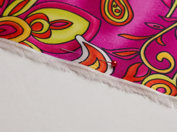 Charmeuse satin fabric by the yard  -  Hot pink yellow red paisley