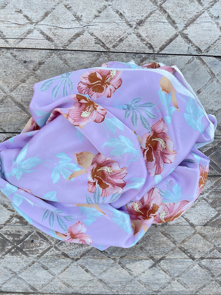 Lightweight  satin  fabric by the yard - Lavender teal rusty orange floral