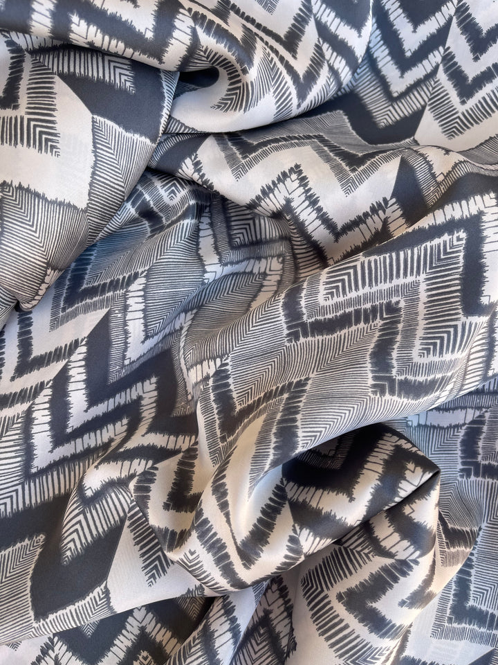 Lightweight  satin fabric by the yard - Gray off white chevron  print