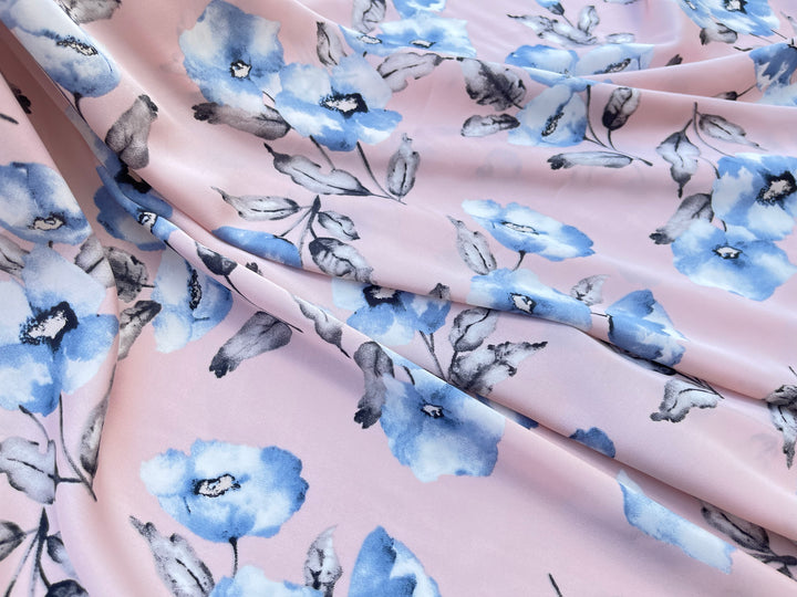 Lightweight  satin  fabric by the yard - Pink blue floral  print