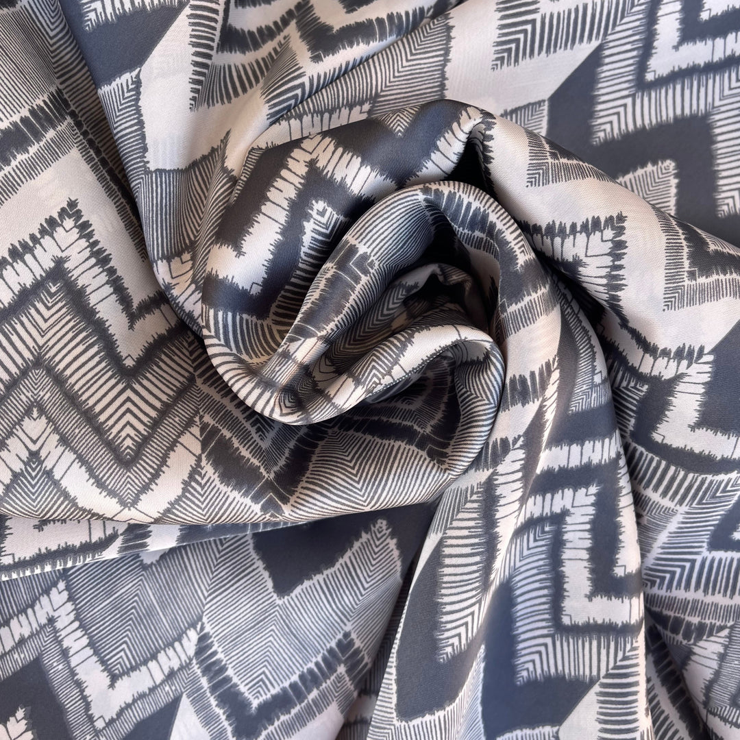 Lightweight  satin fabric by the yard - Gray off white chevron  print