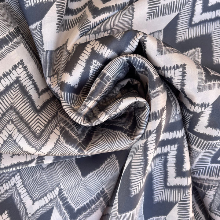 Lightweight  satin fabric by the yard - Gray off white chevron  print