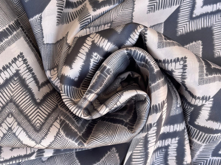 Lightweight  satin fabric by the yard - Gray off white chevron  print