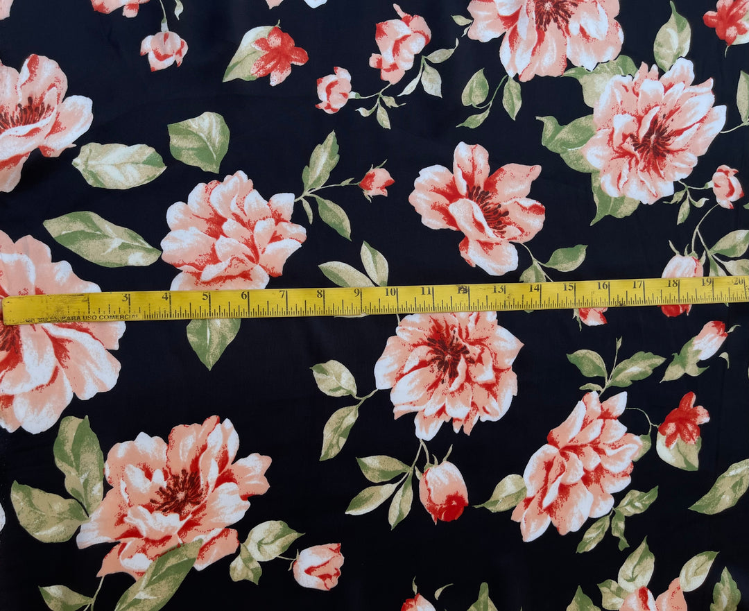 Lightweight  satin  fabric by the yard - Black and orange  floral  print