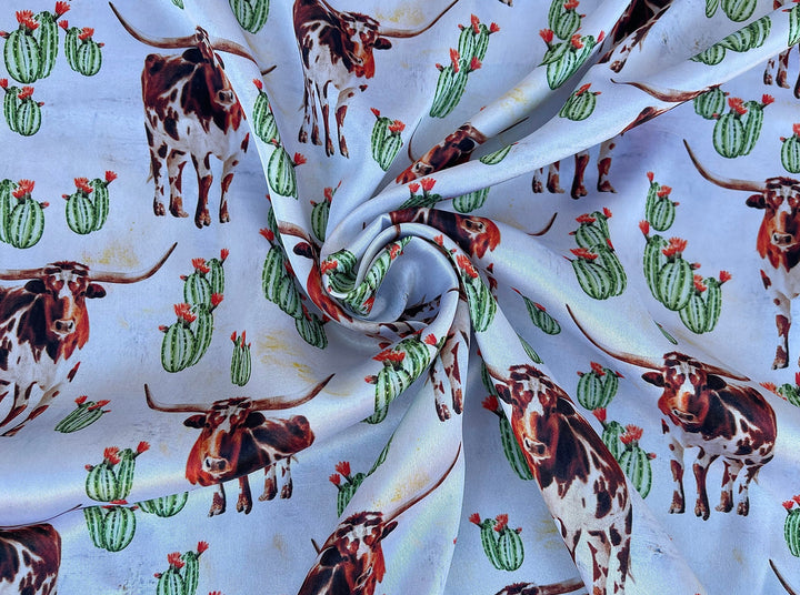 Charmeuse Satin sublimation  fabric by the yard -  Longhorn cactus - Boho western    print