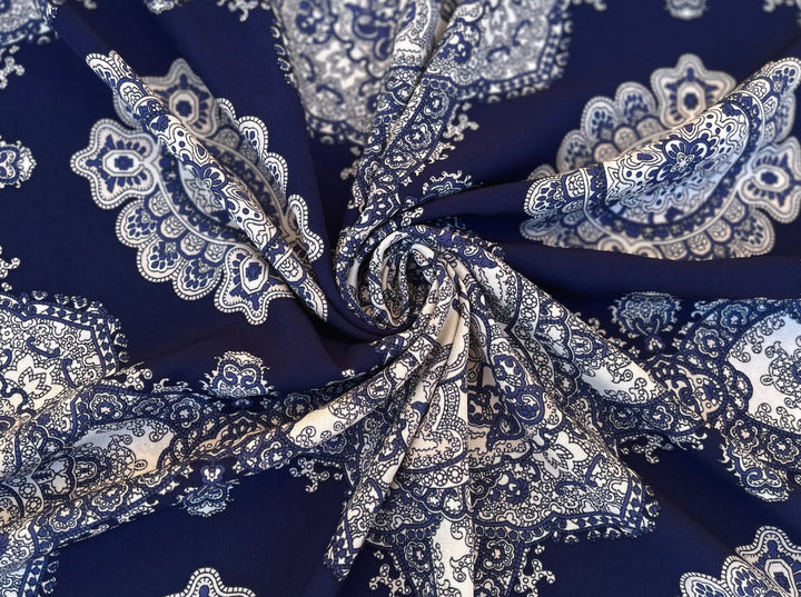 Woolpeach fabric by the yard - Navy and off white paisley damask border print