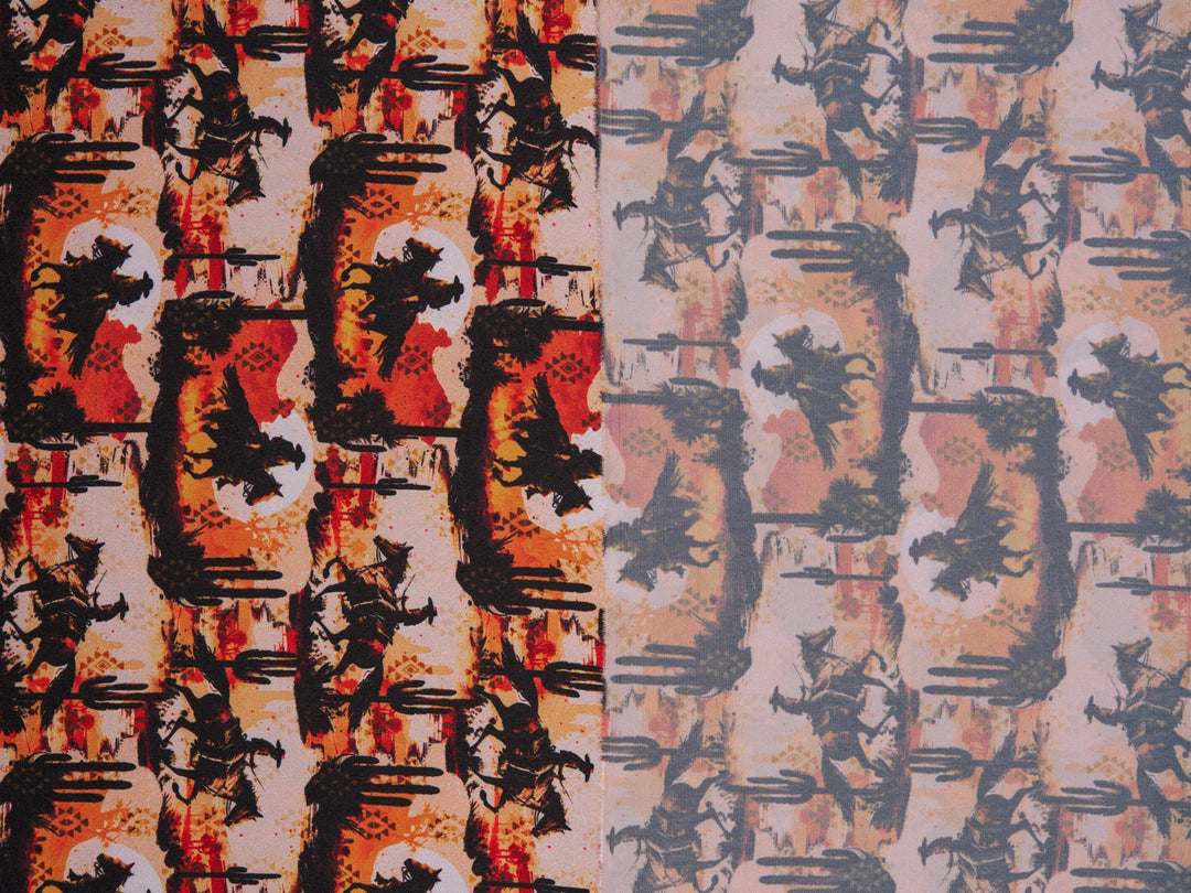 Charmeuse Satin sublimation  fabric by the yard -   Sunset Cowboys  western tribal print