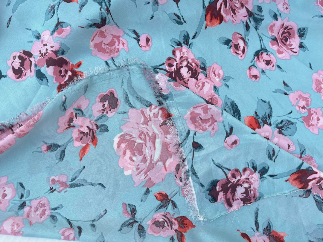 Lightweight  satin  fabric by the yard - Aqua and coral  floral  print