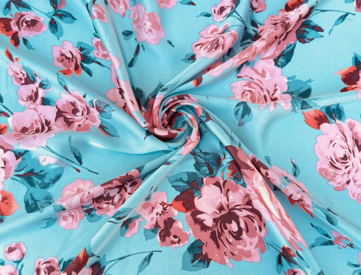 Lightweight  satin  fabric by the yard - Aqua and coral  floral  print