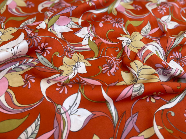 Lightweight  satin stretch fabric by the yard -  Orange  sage  ivory  floral