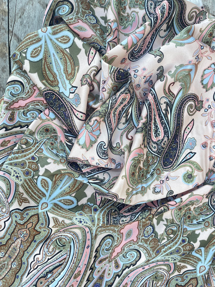 Lightweight  satin  dobby fabric by the yard - Peach blue and green paisley tribal border print