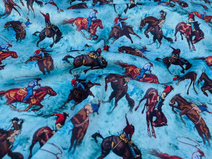 Charmeuse Satin sublimation  fabric by the yard -  Buckin’ Horses - Cowboys western    print