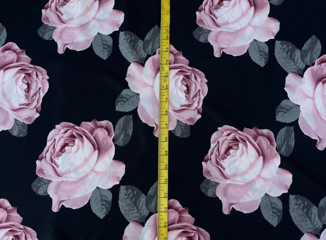 Lightweight  satin  fabric by the yard - Black and peachy tones floral  print