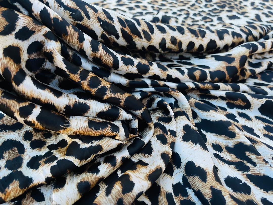 Lightweight  satin  fabric by the yard - Black brown cheetah print