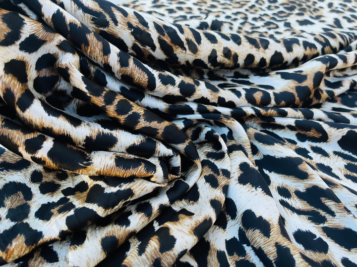 Lightweight  satin  fabric by the yard - Black brown cheetah print