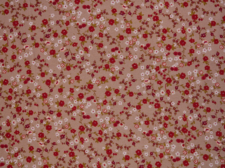 Lightweight  satin  dobby fabric by the yard - Mocha with red dainty florals  pattern