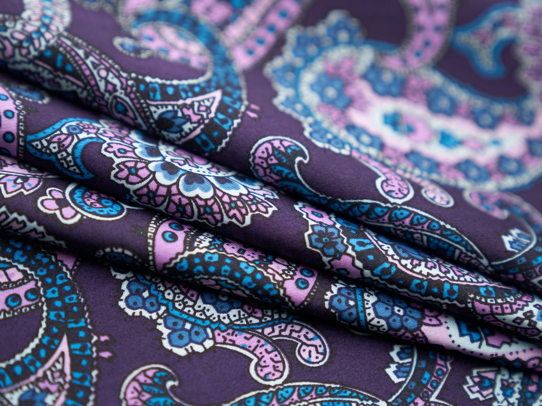 Paisley charmeuse satin fabric by the yard - Purple teal paisley -