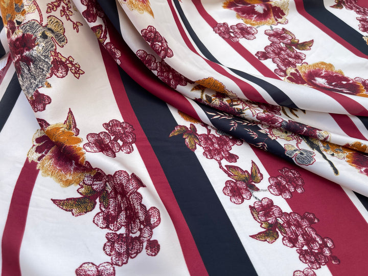 Lightweight  satin  fabric by the yard - Striped aviary floral  print