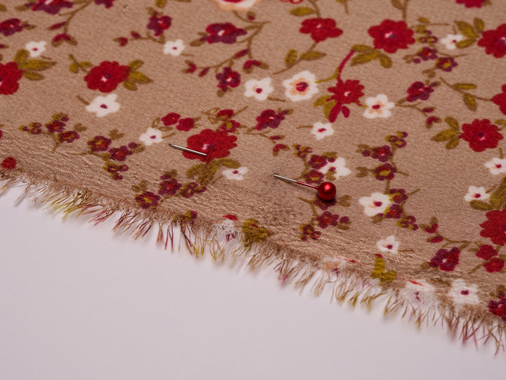 Lightweight  satin  dobby fabric by the yard - Mocha with red dainty florals  pattern