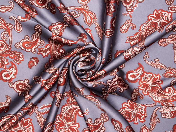 Charmeuse satin fabric by the yard - Gray and burgundy  distressed paisley   print