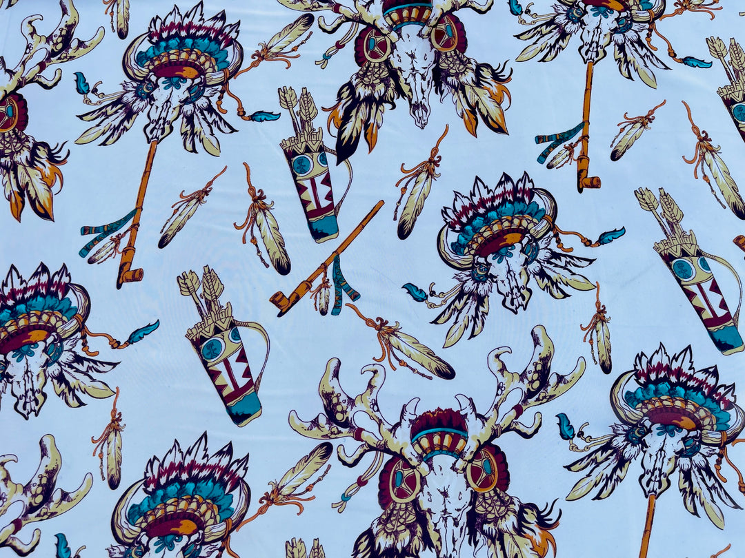 Chiffon fabric by the yard - Feathers cow skull tribal aztec western  print