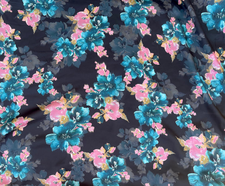 Lightweight stretch   satin dobby   fabric by the yard -  Teal and coral floral on black  pattern