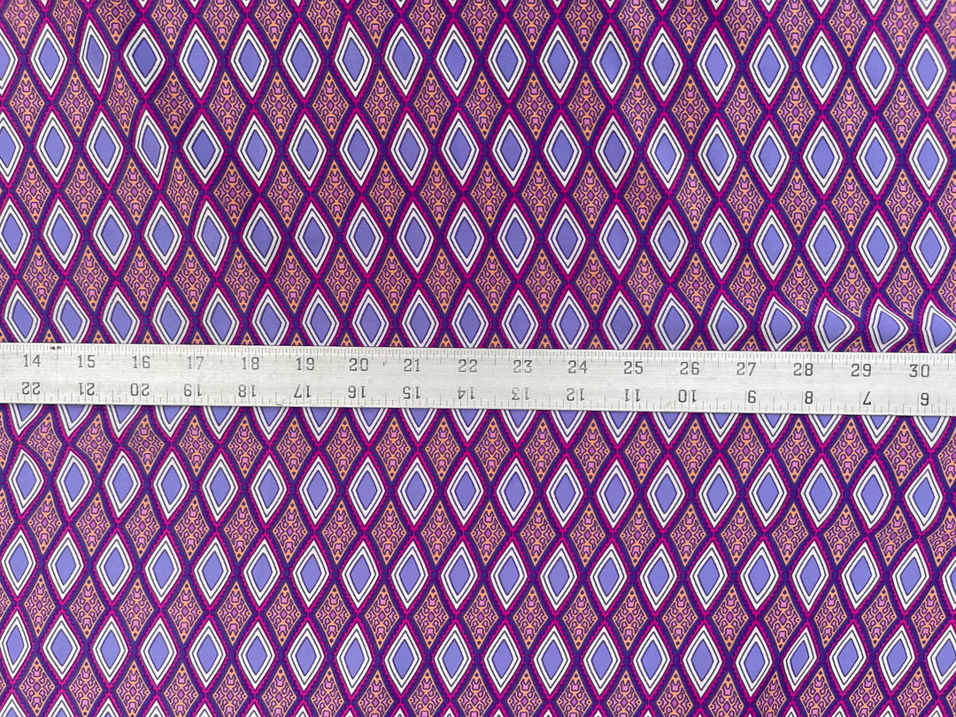 Faux silk Purple diamonds border  print  by the yard - silky satin with stretch