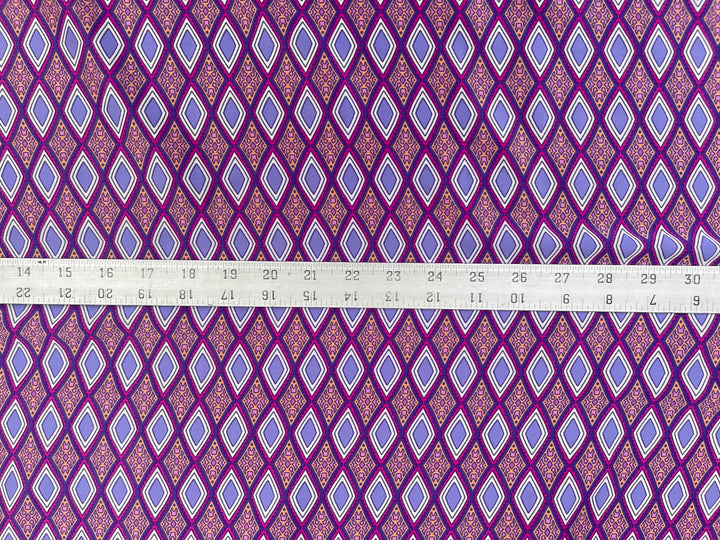 Faux silk Purple diamonds border  print  by the yard - silky satin with stretch