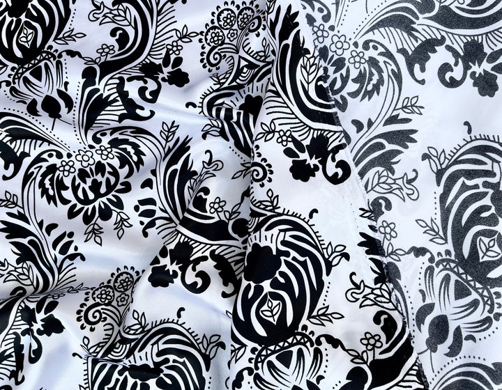 Charmeuse satin fabric by the yard  -  Black and white damask paisley  print