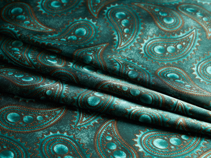 Charmeuse satin fabric by the yard -  MonSar exclusive   Arabian   paisley print - Quetzal green