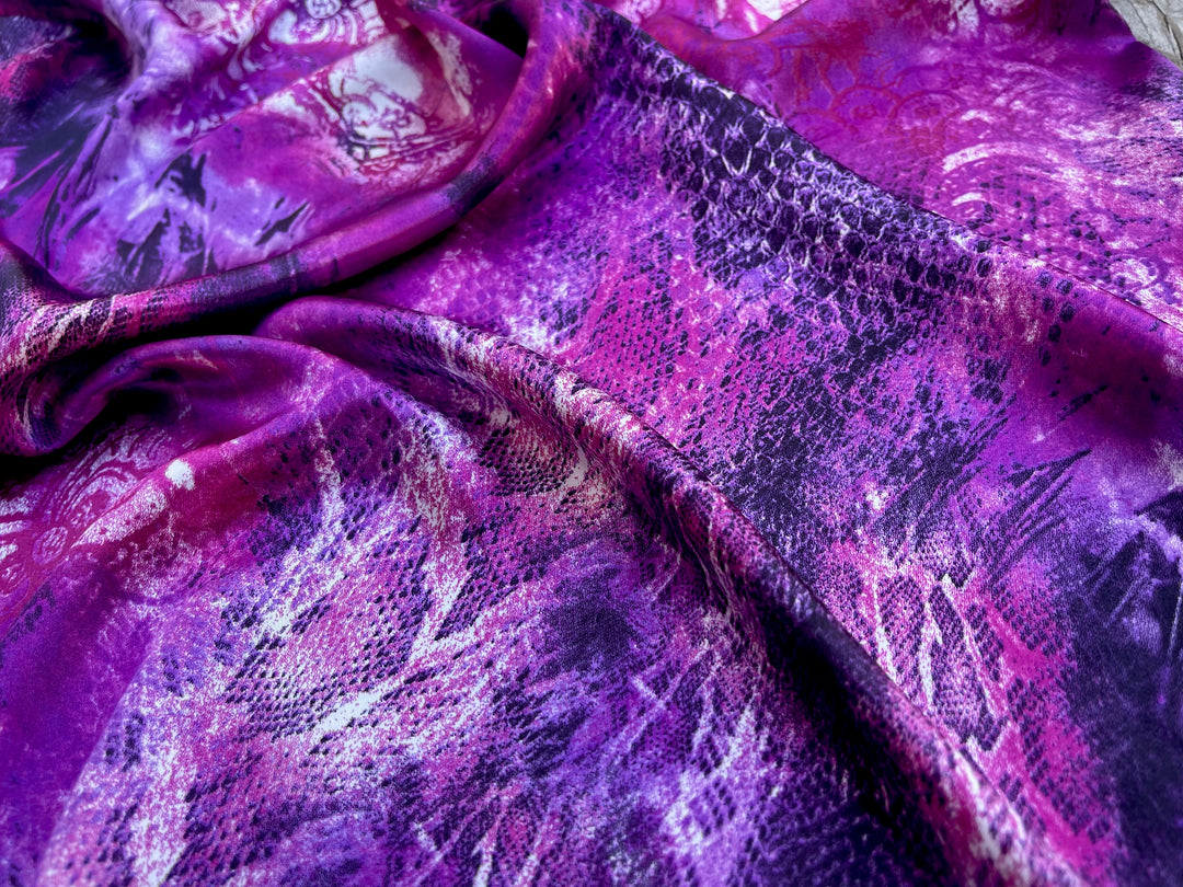 Charmeuse satin fabric by the yard  -  Purple pink snake paisley animal print