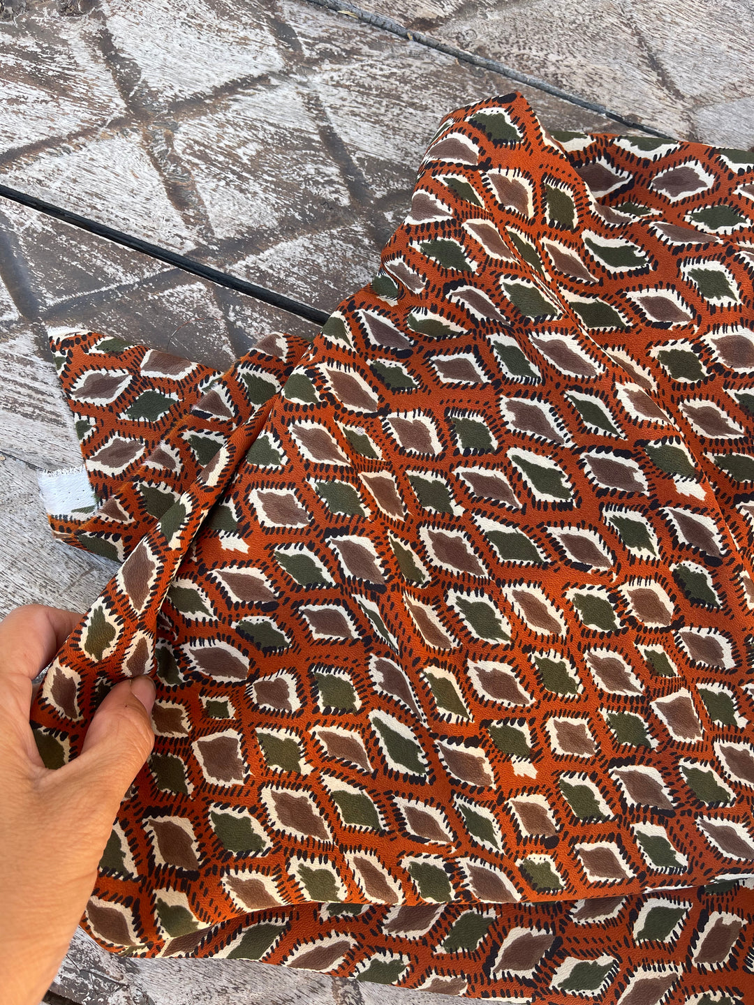 Crepe de Chine fabric by the yard - Rusty orange green brown diamond print