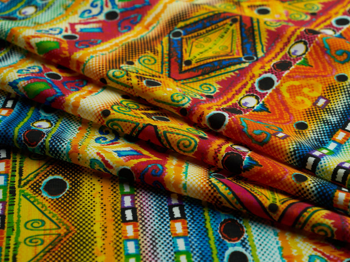 Peachskin  fabric by the yard - Red turquoise yellow   tribal print