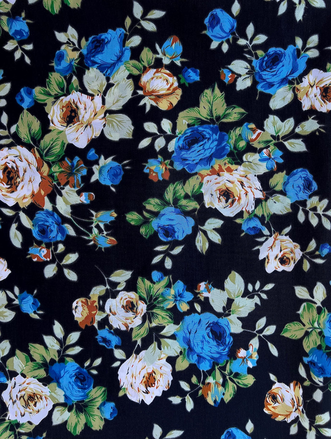 Peachskin  fabric by the yard - Yellow  blue roses on black  print