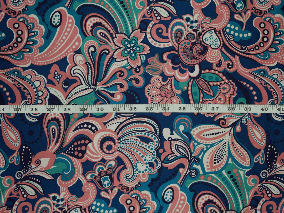 Charmeuse silky satin fabric by the yard - Blue and coral paisley print