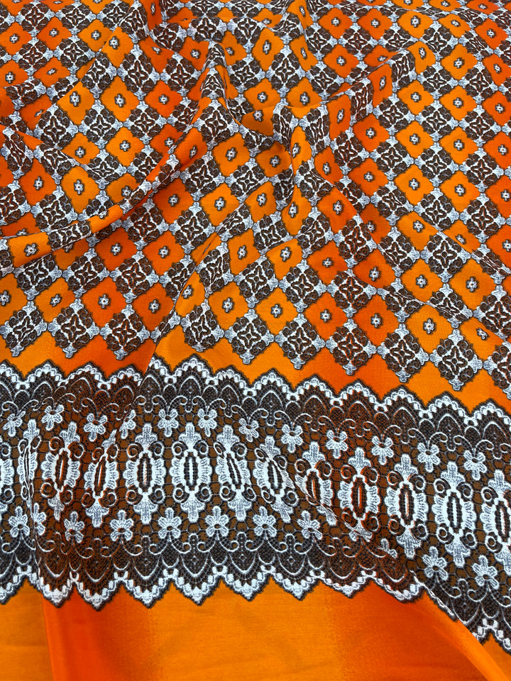 Peachskin  fabric by the yard - Orange brown off white  motif tribal aztec