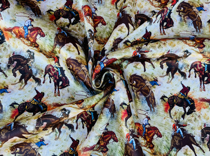 Charmeuse Satin sublimation  fabric by the yard -  Buckin’ Horses - Cowboys western    print