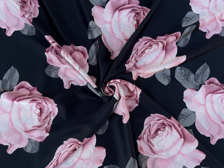 Lightweight  satin  fabric by the yard - Black and peachy tones floral  print