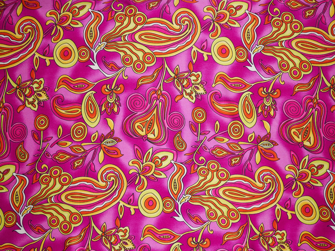 Charmeuse satin fabric by the yard  -  Hot pink yellow red paisley