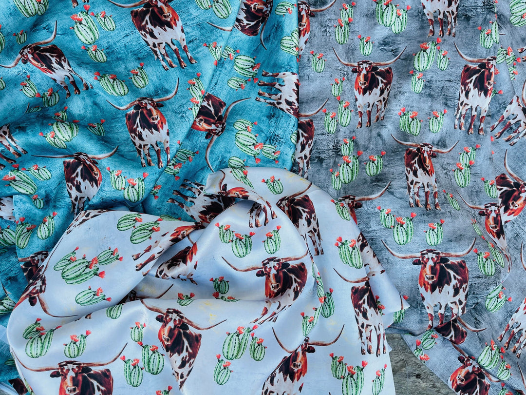 Charmeuse Satin sublimation  fabric by the yard -  Longhorn cactus - Boho western    print