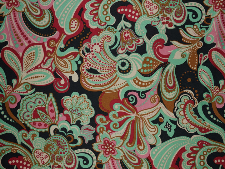 Charmeuse silky satin fabric by the yard -  Black teal paisley print