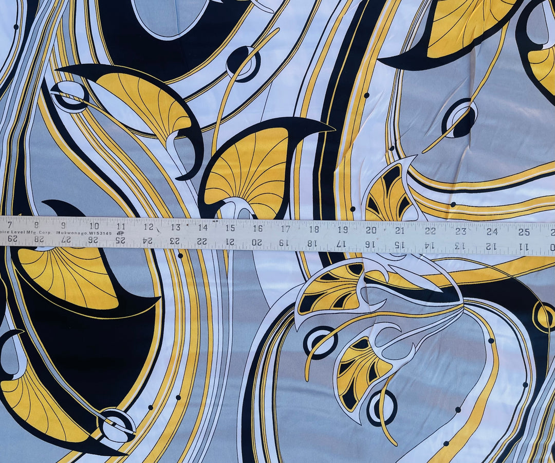 Faux silk charmeuse satin fabric by the yard - Gray black yellow nature pucci inspired   print