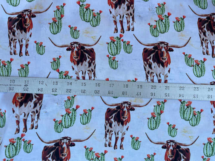 Charmeuse Satin sublimation  fabric by the yard -  Longhorn cactus - Boho western    print